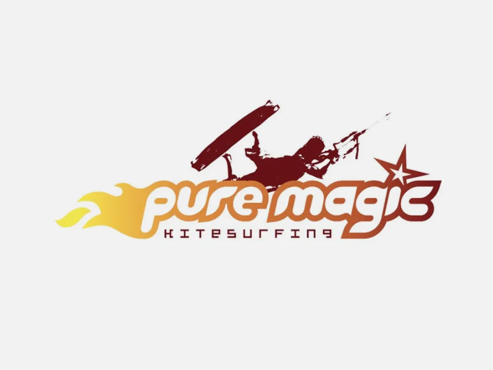 Logo of Pure Magic Kitesurfing featuring stylized text, a kitesurfer illustration, flame-like design, and a star